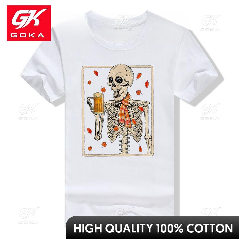 Skeleton Drinking Beer Retro Halloween Costume Beer Drink TShirt Skull Print Graphic Tee Thanksgiving Tops Short Sleeve Blouses S