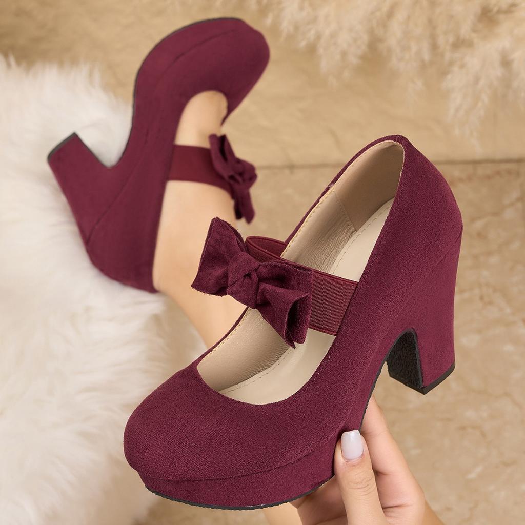 Large Size 43 Sexy High Heels Shoes for Women Bow Elastic Band Chunky Platform Pumps Woman Black Flock Square Heel Party Shoes