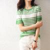 Women's Striped Wool Knit Short Sleeve Pullover - Slim Fit Round Neck in Black and White