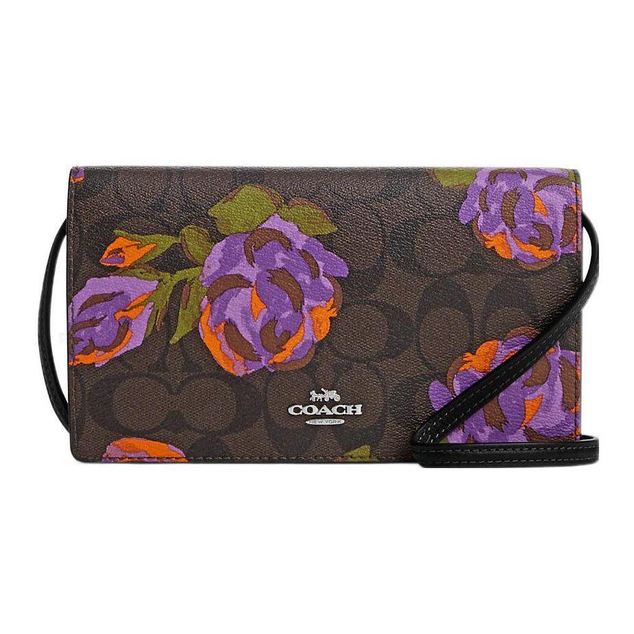 

Coach Anna Foldover Clutch Crossbody Signature Canvas Rose Print Brown Iris Multi Silver Hardware Casual Daily Commute CL658-SVW1Q Basic Set (Bag+Dust Bag)