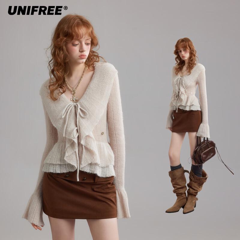 unifree Women's Ruffled V-Neck Knit Cardigan