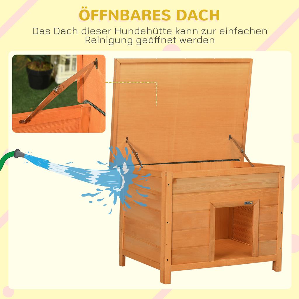 Hundehütte für den Außenbereich, Hundehütte aus Holz mit aufklappbarem Bitumendach, Wasserdichte Hundehöhle mit erhöhtem Boden für kleine Hunde, Gelb