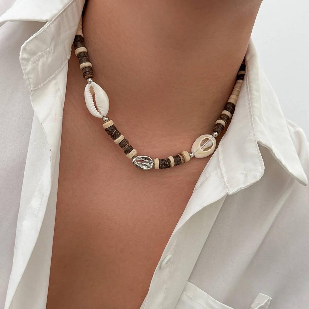 Ingemark Boho Coconut Husk Wooden Beads Conch Beads Chain Necklace for Men Summer Beach Vintage Adjustable Choker Daily Jewelry