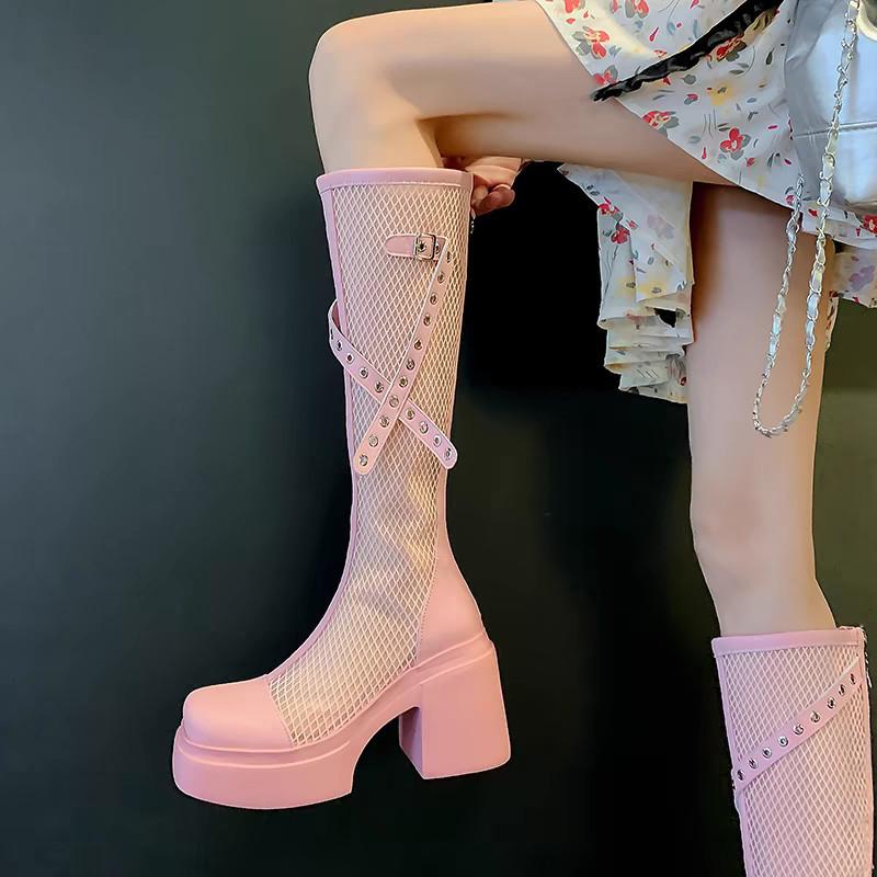 Mesh Breathable Boots Women's 2025 Spring and Summer New Niche Rivet Tall Knight Boots Thin Thick-soled Heightening Cool Boots