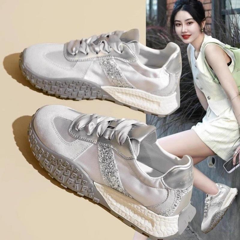 Summer New Genuine Leather Satin Thick-soled German Training Shoes for Women Silver High-end Breathable Sporty Casual C1230
