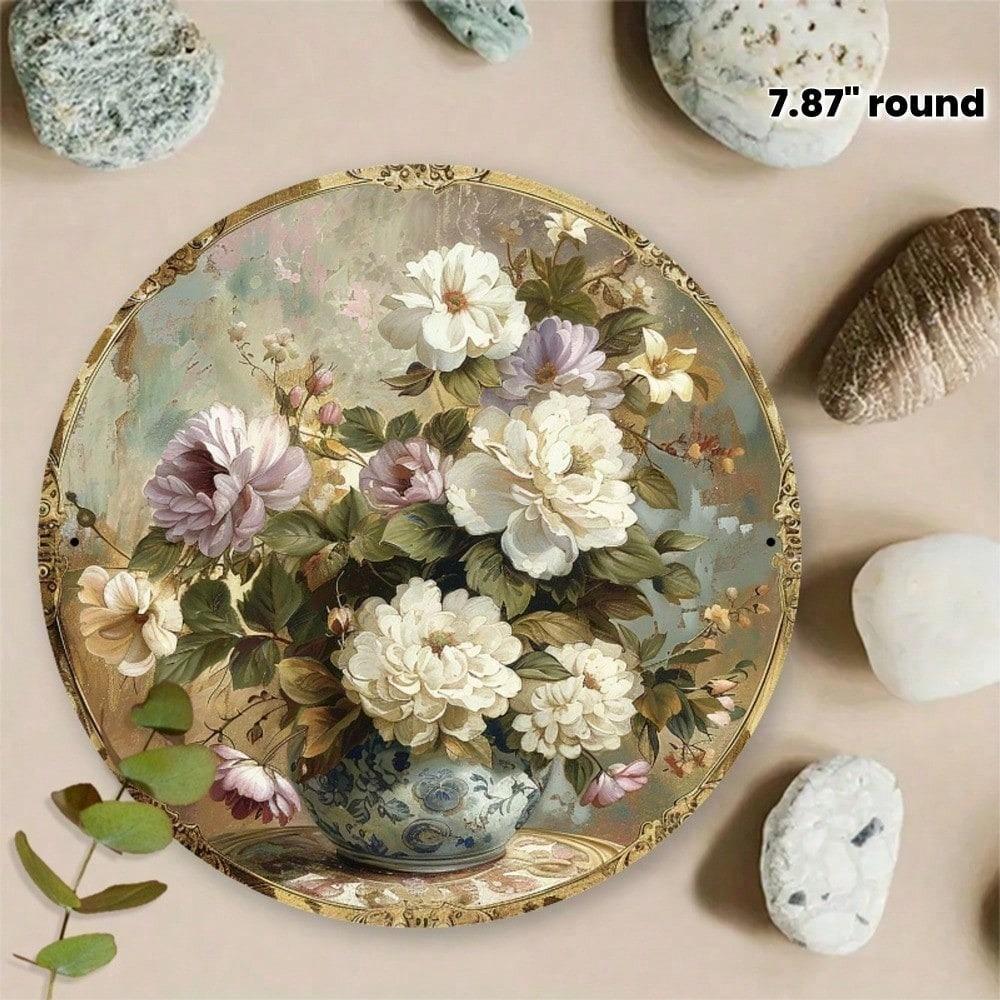 Metal Wall Art Round Floral Bouquet Rustic Home Decor Golden Aluminum Sign 7.87 Inch For Office Kitchen Garden