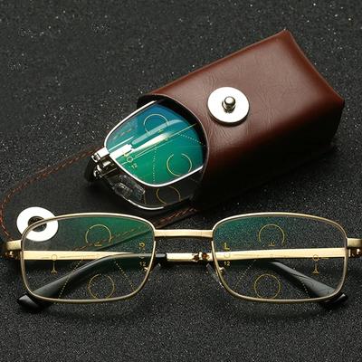 Folding Reading Glasses Portable Progressive Biofocal Eyewear   Parent Anti-Blue Ray Presbyopic Eyeglasses with Leather Case