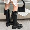 Waterproof table thick bottom but knee mid boots belt buckle soft leather rear zipper boots women's winter