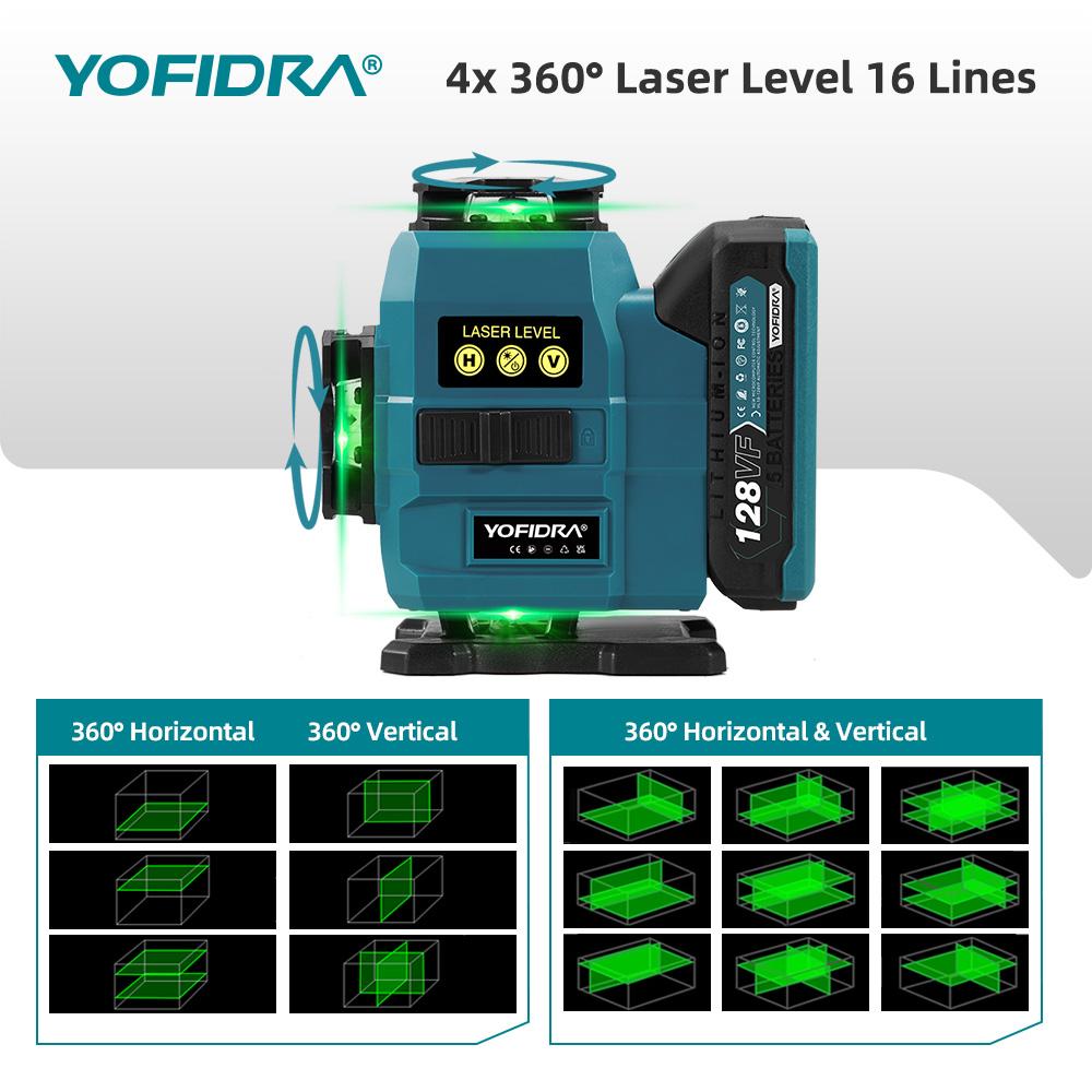 Yofidra 16 Lines 4D Laser Level Automatic 360 Horizontal Vertical Self-leveling Ultra Powerful Green Beam For 18V Battery