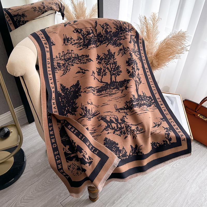 Winter Women'S Scarf Cashmere Luxury  Forest Animal Jacquard Thickened Warm Shawl Cashmere Cloak Scarf Ladies