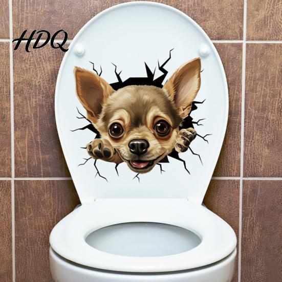 Bathroom Wall Decals Cartoon Dog Toilet Lid Sticker 3D Effect Puppy Decal for & Decorative Lid Animal Decoration Sticker Home Office Living