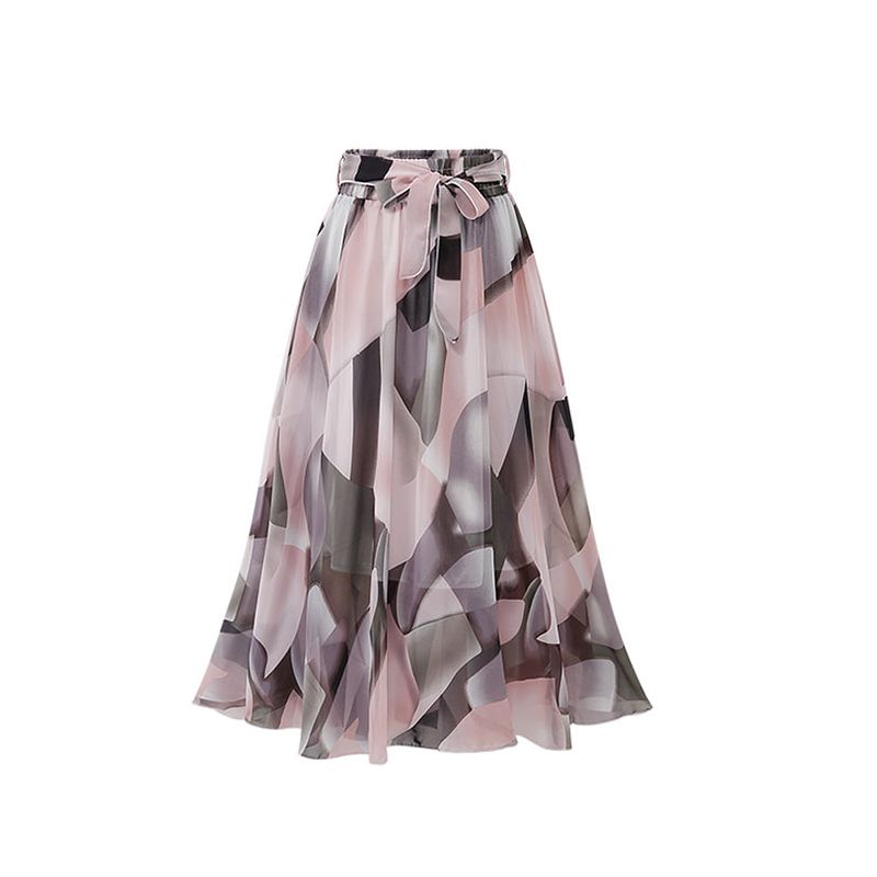 

European Station New Floral Chiffon Mid Length Long Length Skirt Pink 5XL