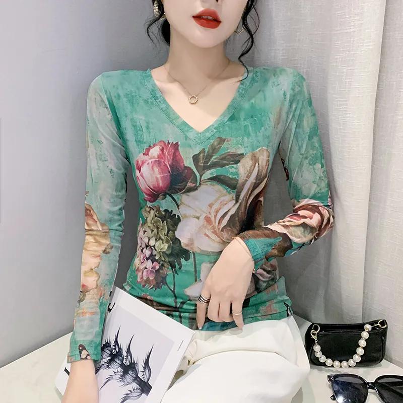 Women Green Floral Print V Neck Mesh Long Sleeve Slim Top