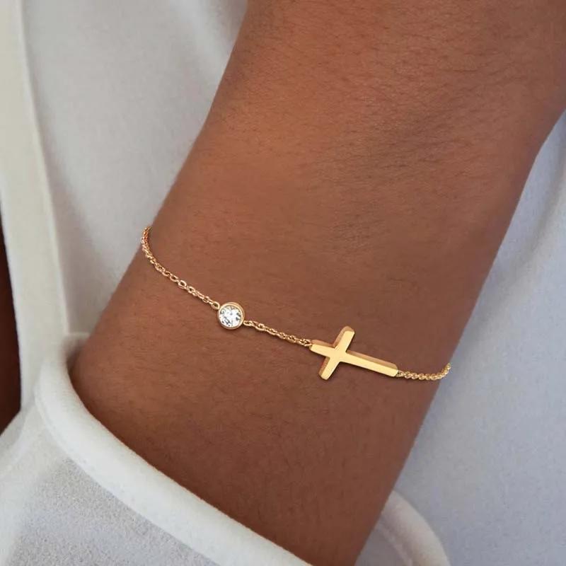 Fashion Simple Gold Color Cross Chain Bracelet for Women Shiny CZ Zircon Charm  Hand Bracelet Wedding Zircon Accessories