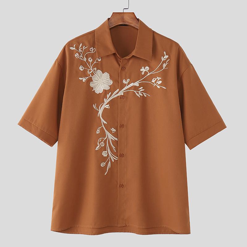 INCERUN Summer Men Short Sleeve Embroidery Loose Casual Vintage Shirts Tops
