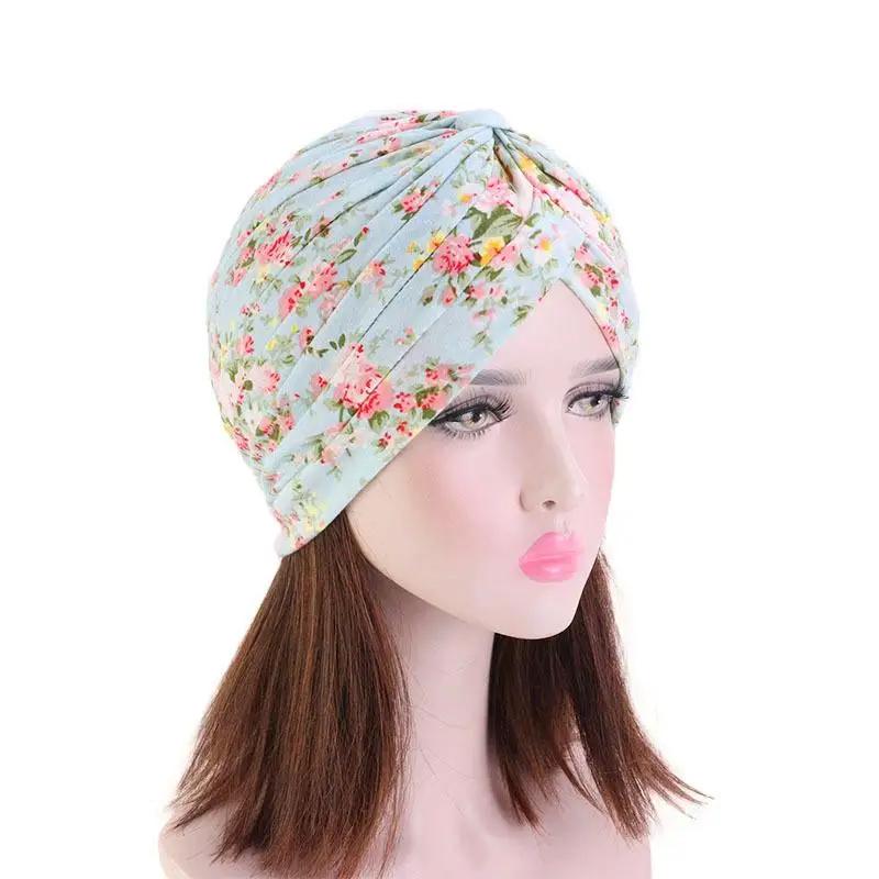 Indian Turban Muslim Women Hijab Floral Printed Hat Cancer Chemo Cap Islamic Hair Loss Cover Beanie Bonnet Head Scarf Pleated