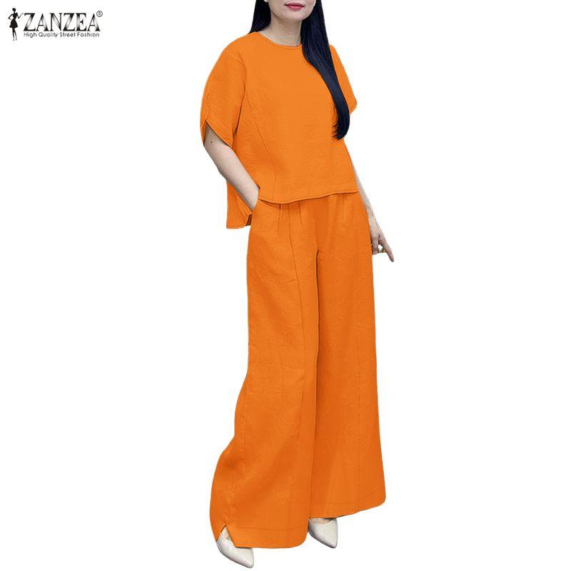ZANZEA Women Short Sleeve Blouse and Pants Summer Two Piece Suit Sets