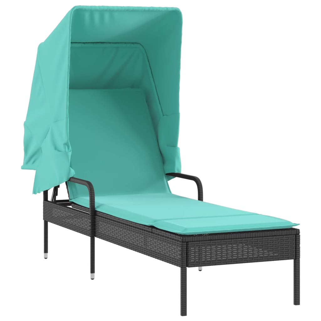 Sun Lounger with Sun Canopy Black Poly Rattan