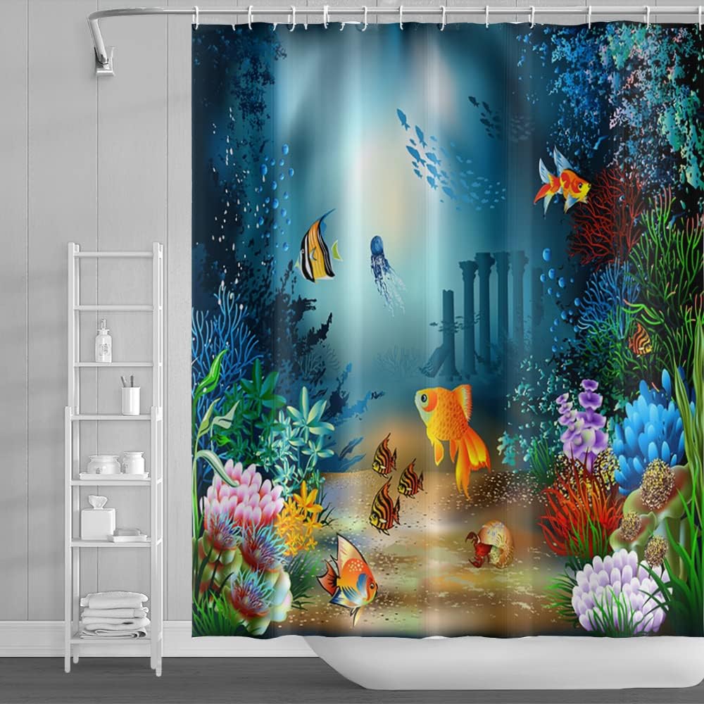 Marine Animal Tropical Fish Seahorse Shower Curtain Blue Ocean Children'S Bathtub Shower Curtain Polyester Fabric With Hook