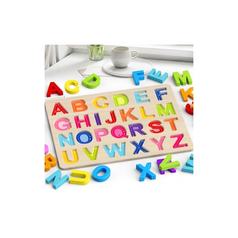Zeoddler Alphabet Puzzle, Wooden Puzzle for Toddlers, ABC Shape Puzzle for Kids, Preschool Learning Activity, Gift for Girls and Boys.