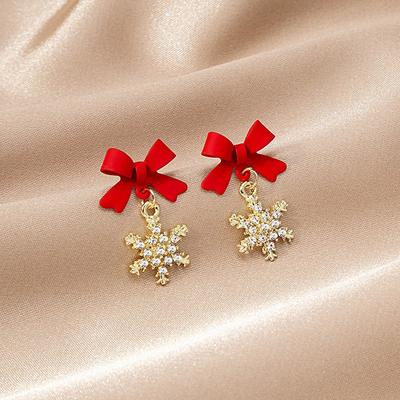 Boucles d'oreilles à tige coréennes en forme de flocon de neige, design simple et haut de gamme, avec nœud rouge et noir