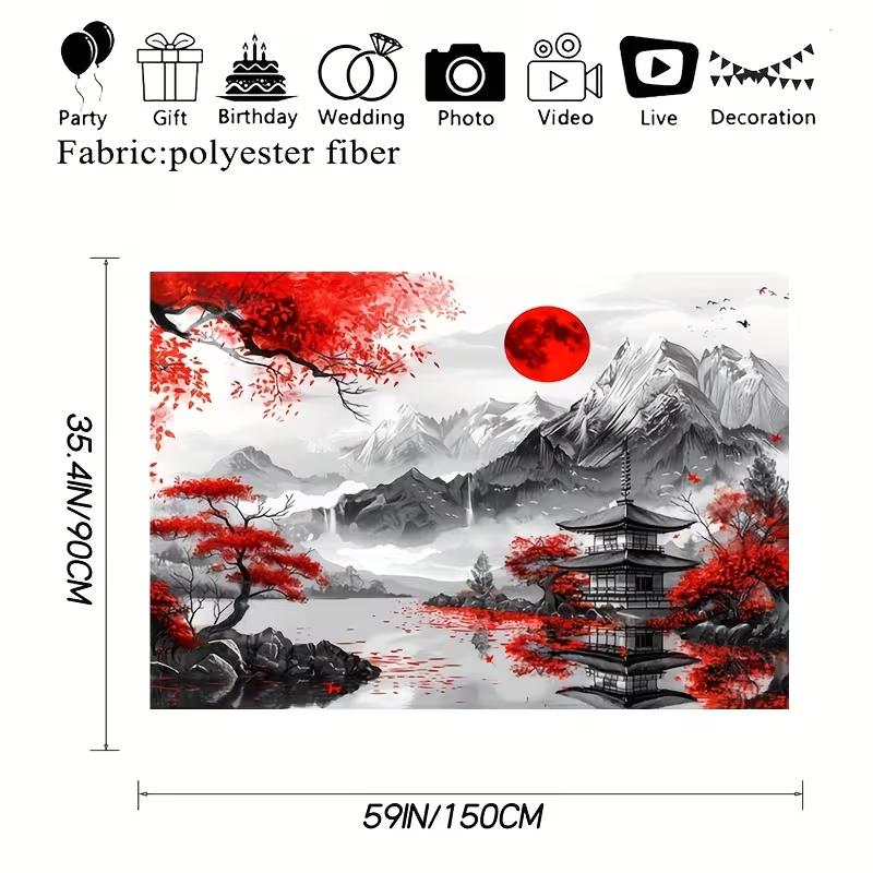 2D Red Sun Japanese Landscape Tapestry Temple & Maple Wall Hanging 47.2x31.5inch/120*80cm