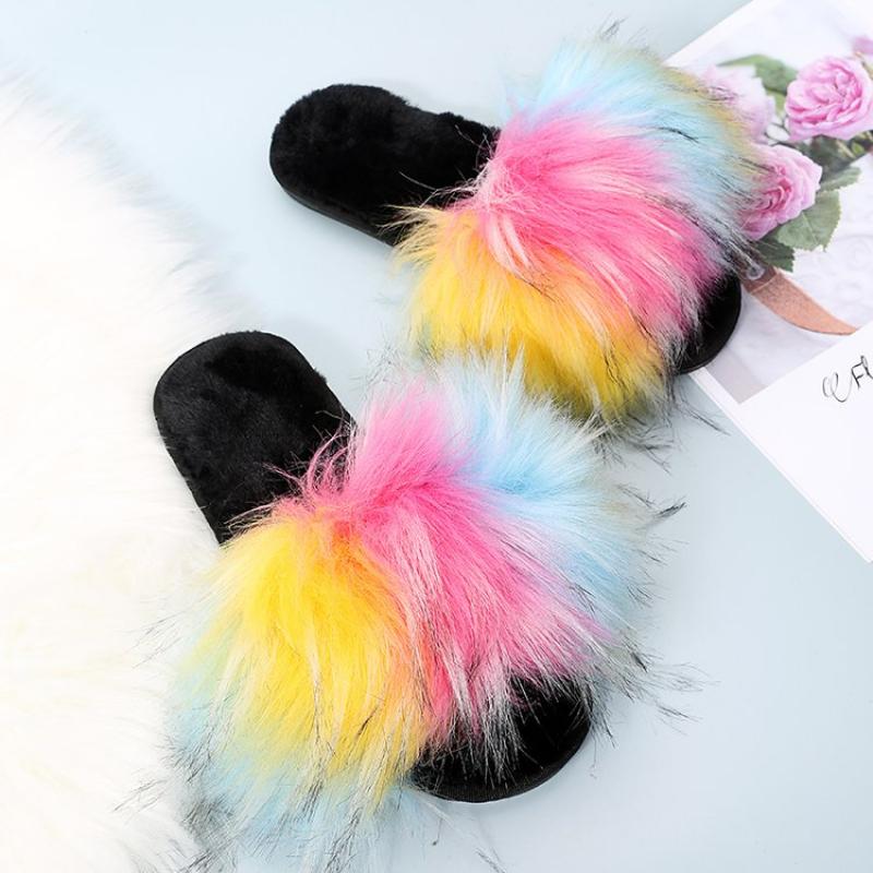 Fashion Brand Designer Mix Color Long Plush Slippers Women Fashion Colorful Flat Heels Soft Fur Slides Women Slip On Outdoor Slippers