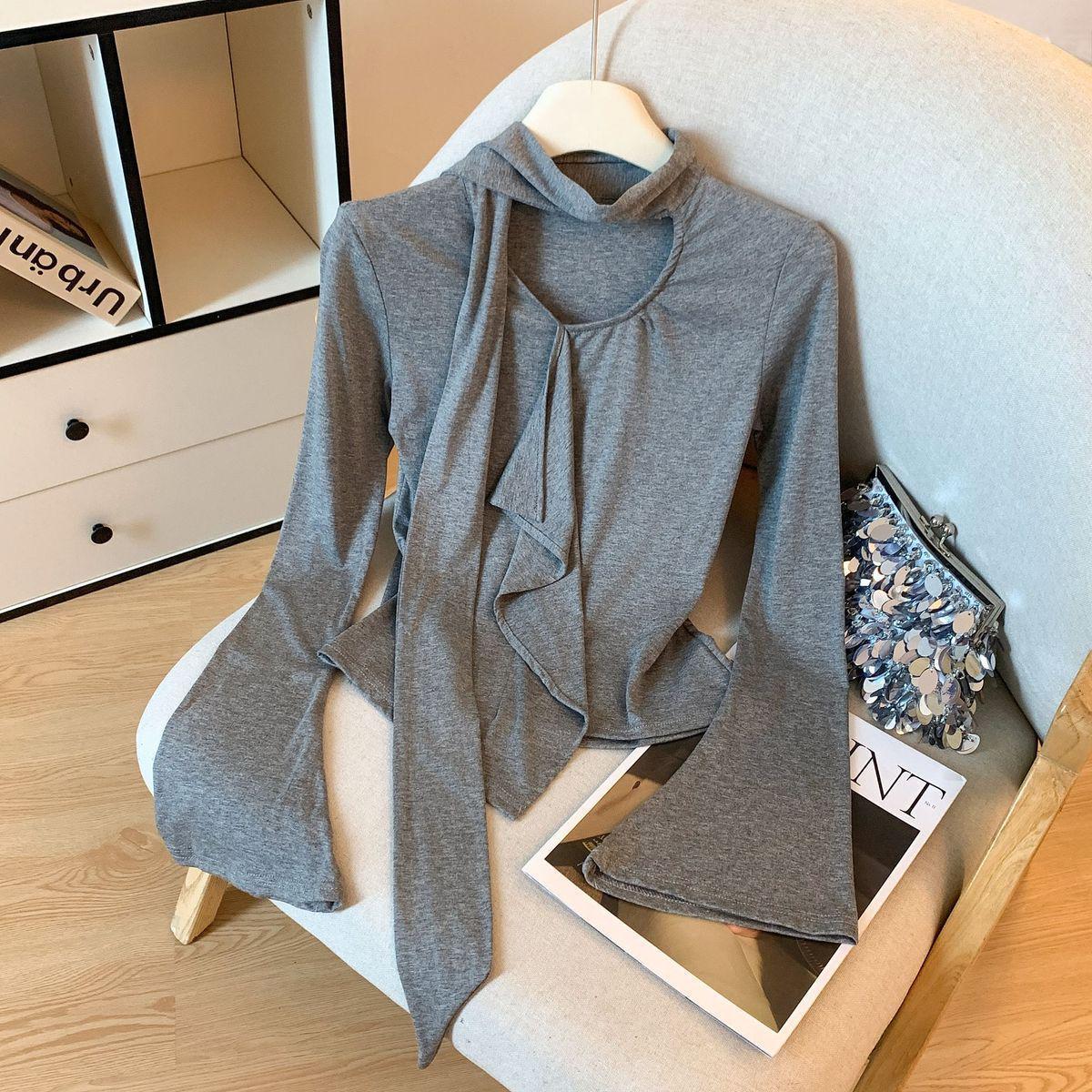 

Korean Ruffle Ribbon Long Sleeve T-shirt with Bow Tie Strap XS сірий колір
