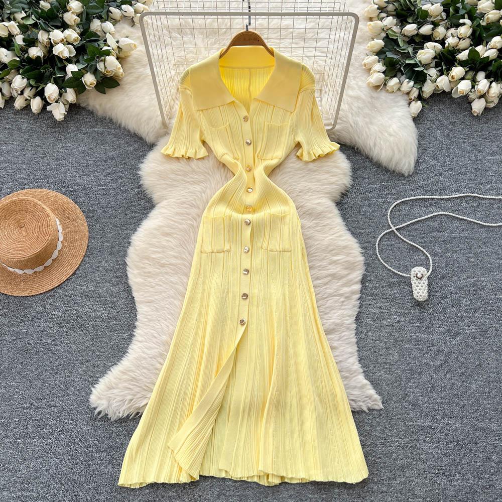 Korean Simple Design Lapel Knitted Dress Women's Summer Slim and Thin Single-breasted Royal Sister Temperament Long Dress