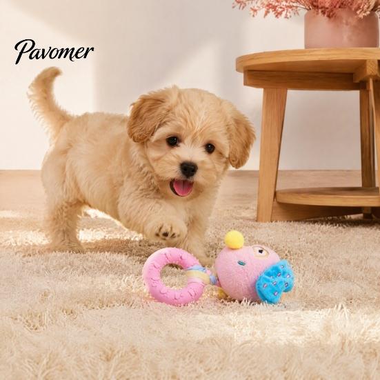 Soft Fabric Doll with Rubber Ring Squeaky Dog Chew Toy, Stuffed Puppy, Macaron Color Pet Play Toys Interactive Fetch Tug Toy for Aggressive