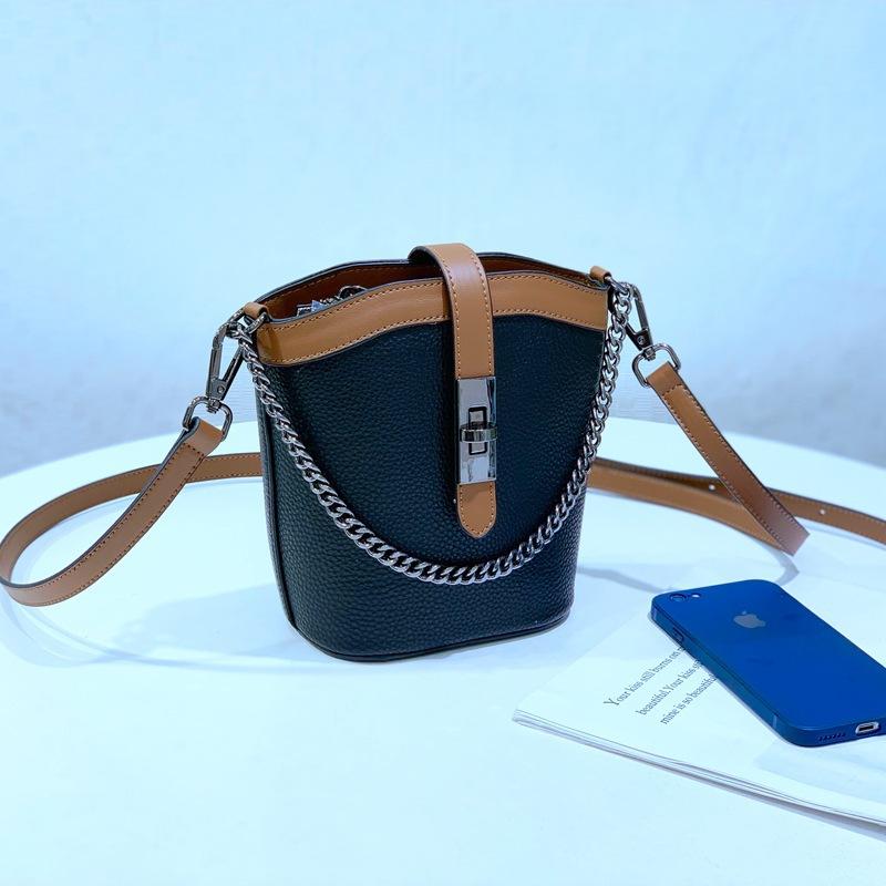 Leather Women'S Bags Trend Contrasting Color Small Bags Chain Versatile Fashion Crossbody Shoulder Bucket Bag 8819