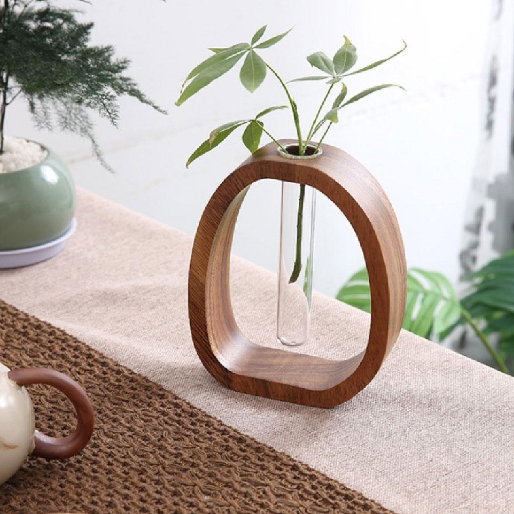 Walnut Wood Flower Set Hotel Decoration Simple Glass Plant Flower Arrangement Mini Aquatic Vase Hydroponic Plant Flower Stand