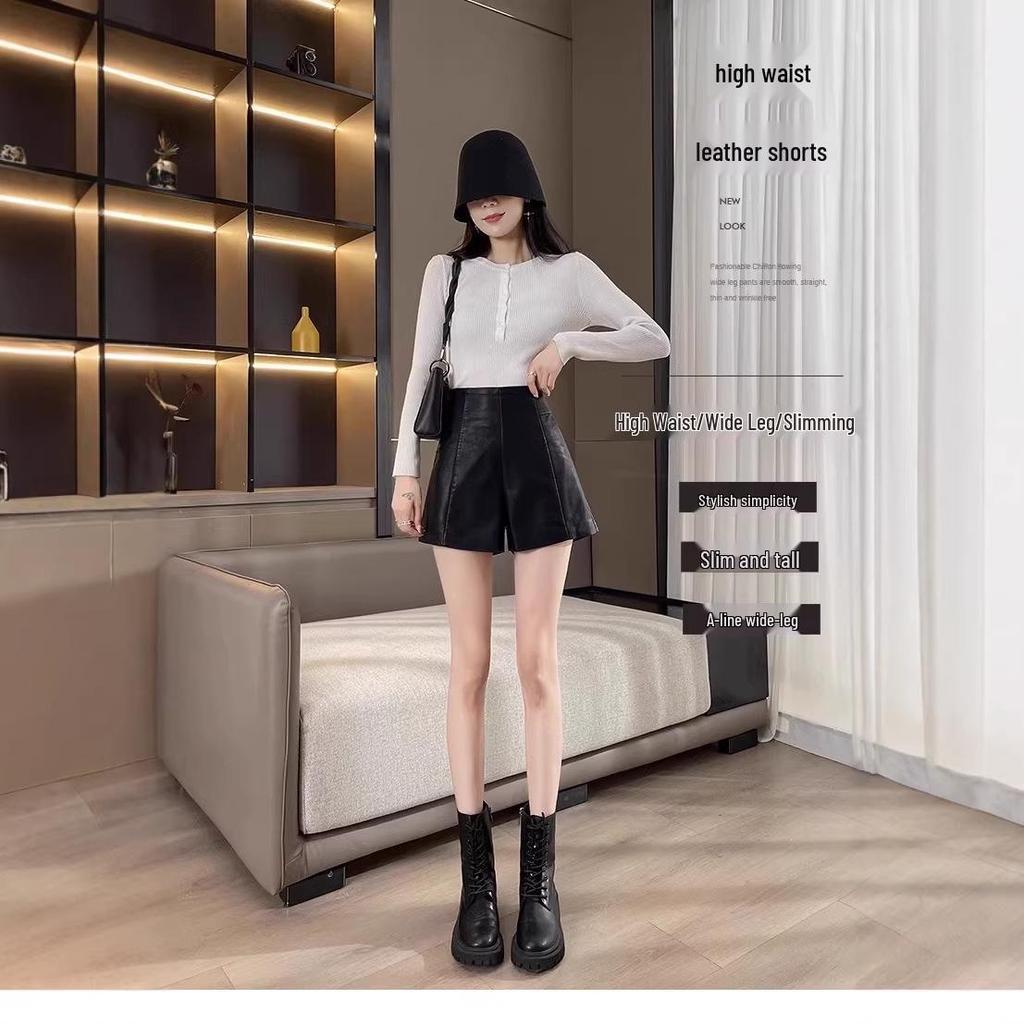 High-Waisted Leather Shorts for Women - 2026 New Style A-Line Slim Fit PU Wide-Leg Bootcut (Autumn/Winter) In Black