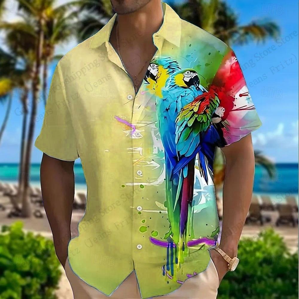 Art Parrot Painting 3d Print Shirts Men Women Fashion Summer Hawaiian Shirt Short Sleeve Beach Shirt Vocation Blouse Men Clothes
