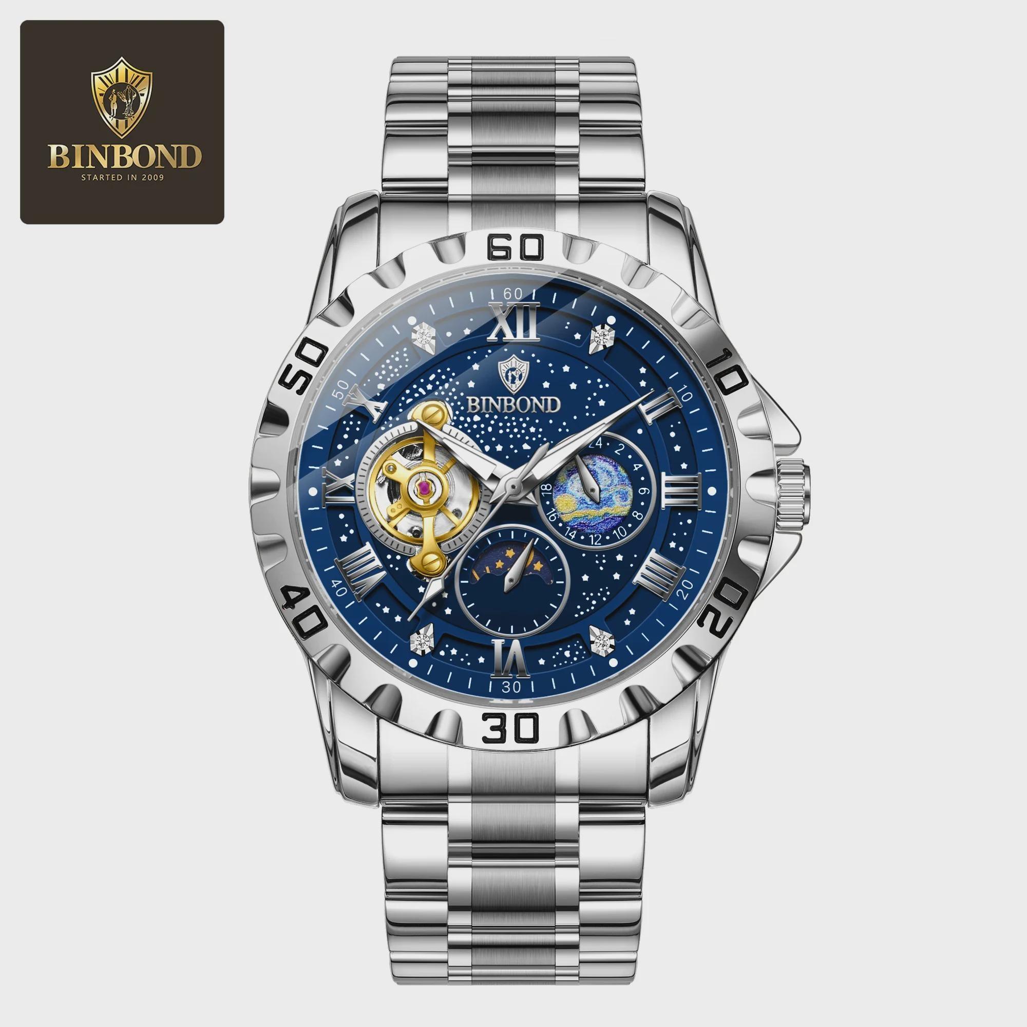 BINBOND Роскошные Мужские Автоматические Механические Часы Модные Деловые Часы с Фазами Луны Скелетные Турбийон Полностью Стальные Часы