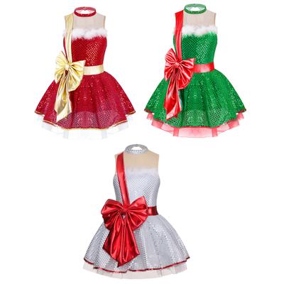 Vestito body da ballo per bambina con paillettes e fiocco, senza maniche, girocollo, in rete