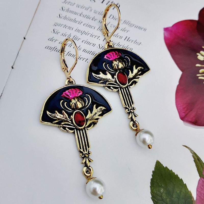 Kolczyki w kształcie wachlarza Granat Kwiaty Wzór Dangle Drop Kolczyk Stylowy Elegancki Perła Wisiorek Kolczyk Biżuteria Prezent