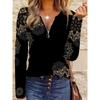 Women's elegant printed zipper long-sleeved top, stylish and versatile for autumn and winter casual and office wear, machine washable