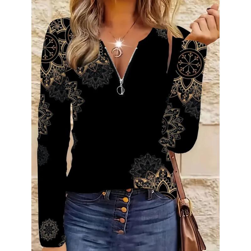 Women's elegant printed zipper long-sleeved top, stylish and versatile for autumn and winter casual and office wear, machine washable