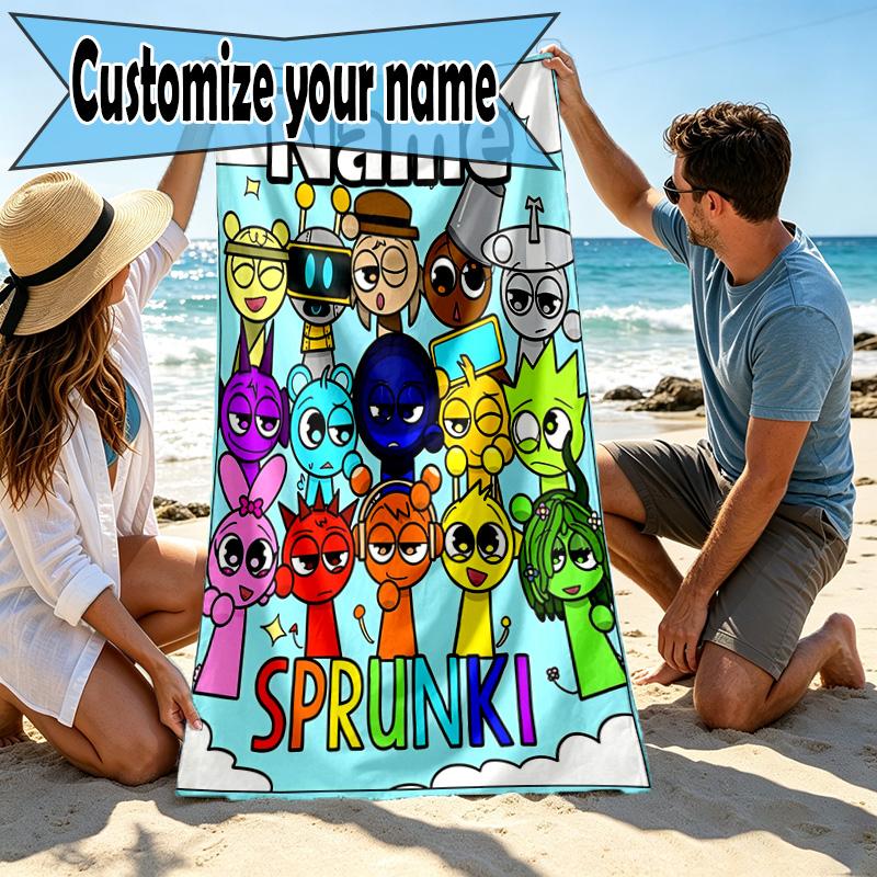 Custom Name Personalized Sprunki Game Print Beach Towel, for Trip Camping Beach Party Home Decor, Birthday Gift for Family & Friends