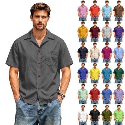 Men's Short Sleeve Casual Shirt Cotton Linen Button Down Collared Top with Chest Pocket for Spring and Summer