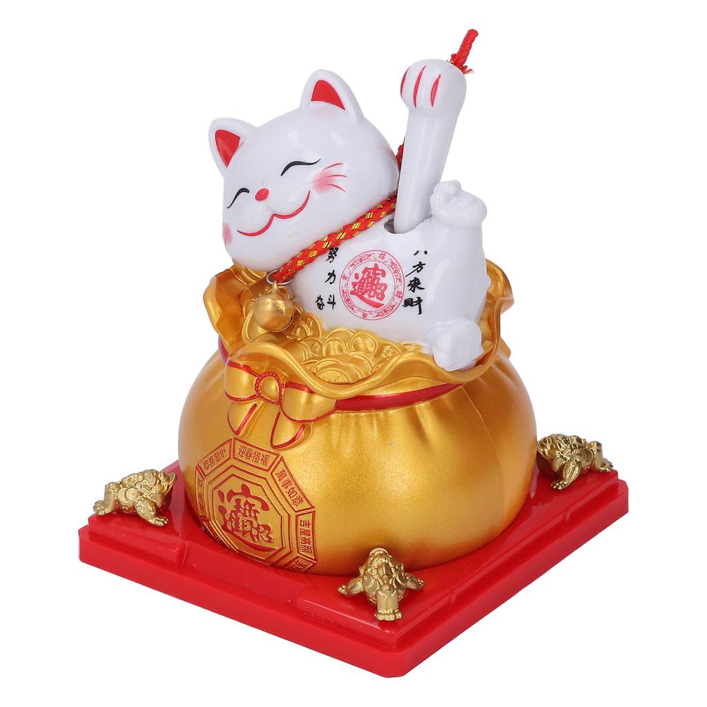 Lucky Cat Statue Plastic Solar Light Sensing Automatic Waving Arm Fortune Bag Cat Ornament for Home Car Dashboard Decoration