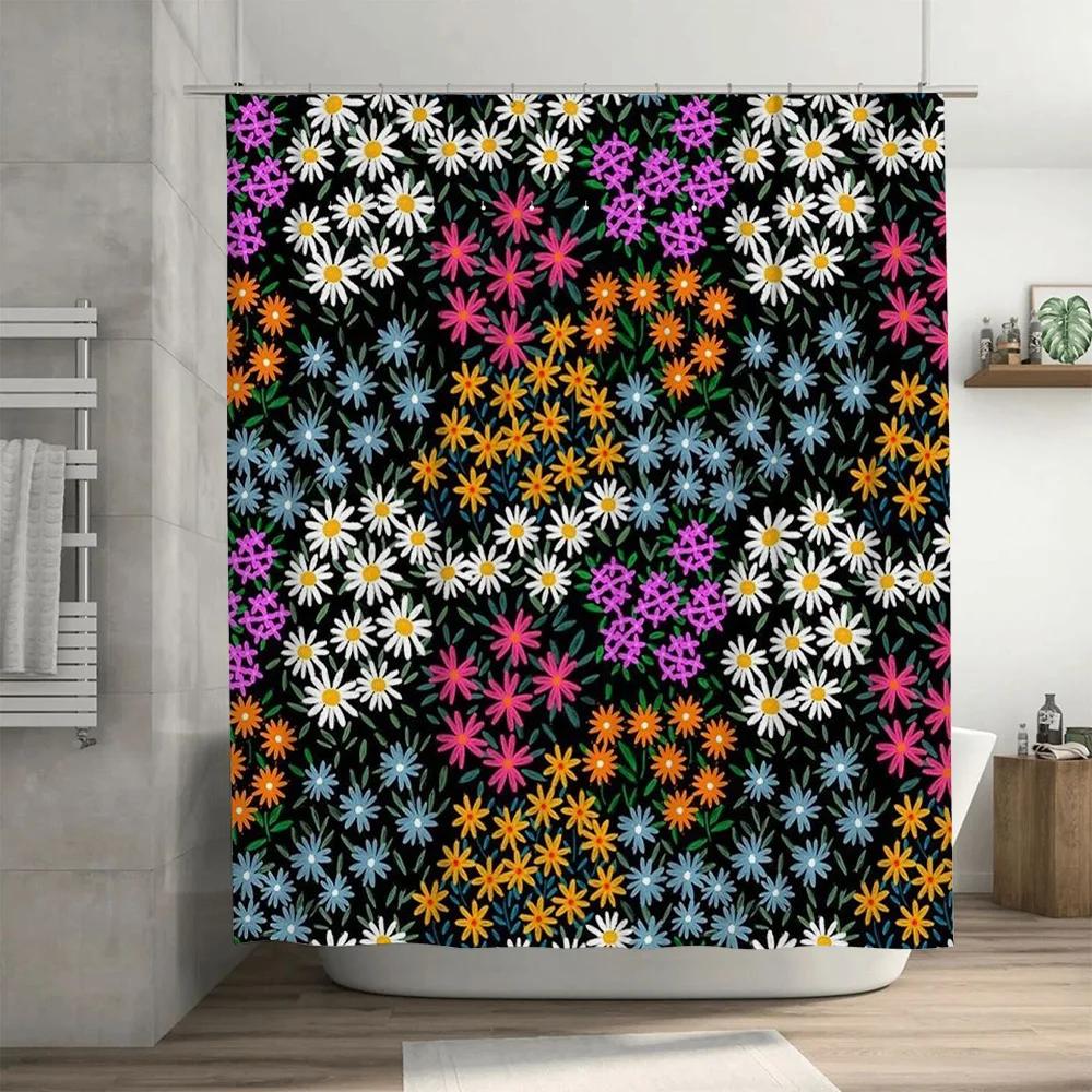 Multicolored Daisy Shower CurtainWaterproof Bath Decoration for Home Decor Black White Floral Pattern, 3D Printing Bathroom Show