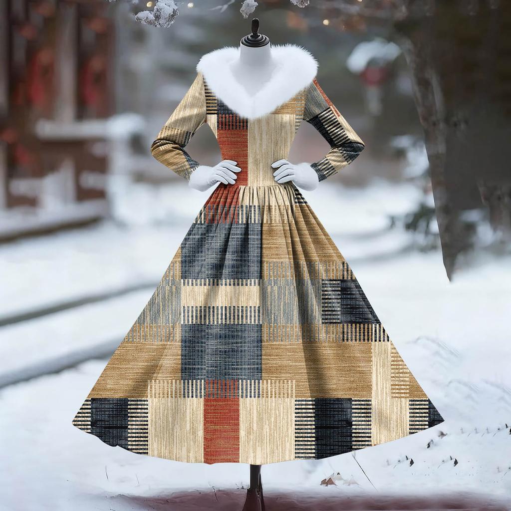 Women's Casual Dress Long-Sleeve V-Neck Patchwork Fleece Christmas Print Dress