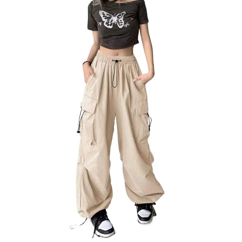 Women Cargo Pants Hip Hop Baggy Solid Color Multi Pockets Elastic Waist Match Top Loose Breathable Lady Trousers