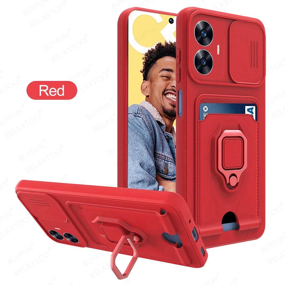 

Чехол с защитой камеры-слайдером для Realme C67 C55 C20 C21 C11 4G Reno 5 Lite 5f 5z, магнитный кронштейн для автомобиля, чехол-кошелек для карт For Realme C67 4G красный