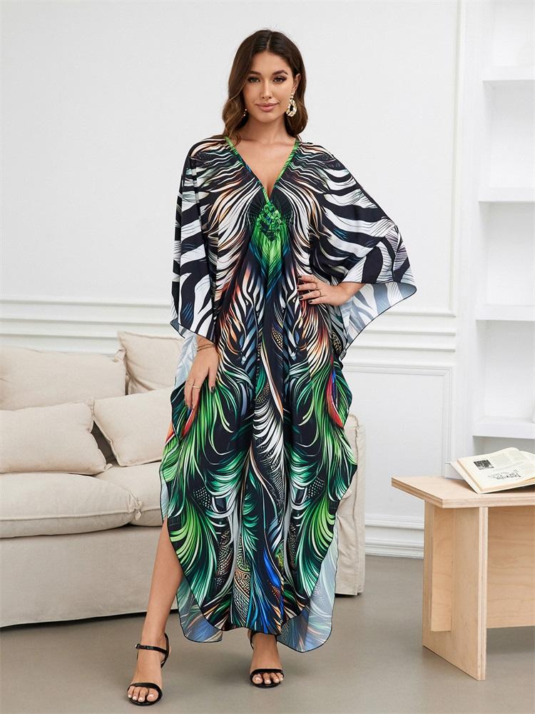 EDOLYNSA 2024 Summer Women's Green Print Loose Kaftan Dress 2024 Boho Cozy V-Neck Batwing Sleeve Beach Long Dresses Sexy Swimsuit Bikini Cover-ups