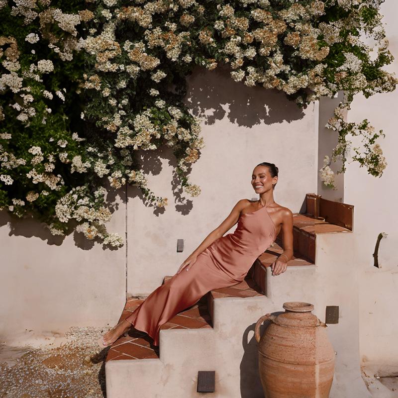 Women Design Sense Backless Spaghetti Strap Solid Ankel-Length Dress V-neck High Waist