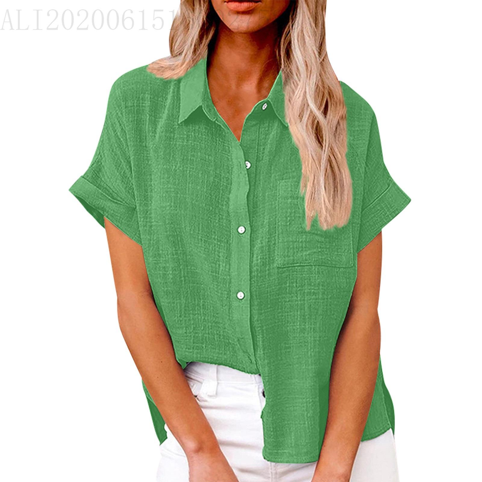 

Летняя однотонная однобортная рубашка, женская повседневная свободная блузка с короткими рукавами и лацканами, топ 5XL зелёный