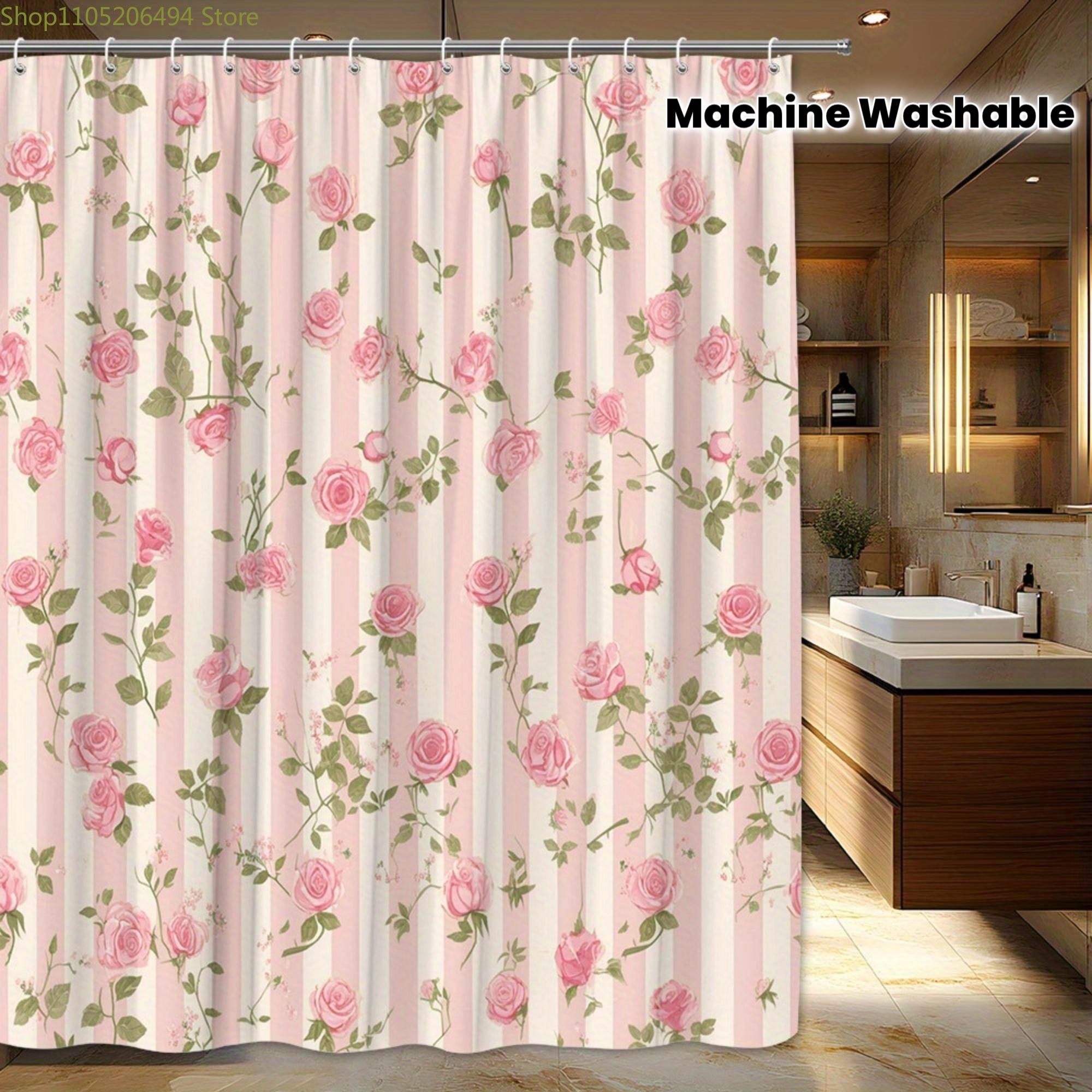 

1Pc Pink Beige Striped Rose Shower Curtain With Vertical Stripes, Pink Rose Clusters & Green Leaves - Shabby Chic Vintage Styl W60H190(CM)-1 Pcs